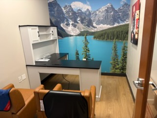Modern office workspace with mountain lake mural, desk, chair, and storage cabinet